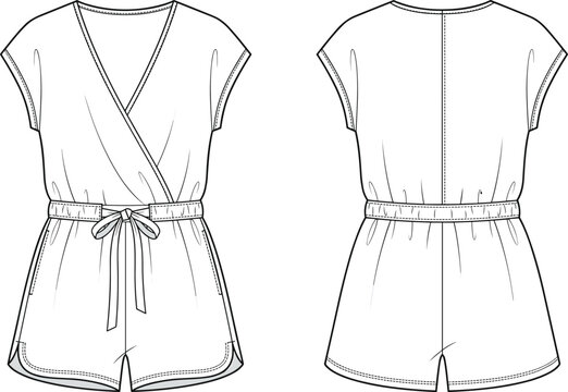 Technical fashion sketch of a women's wrap romper with elastic waist, tie belt, and short sleeves