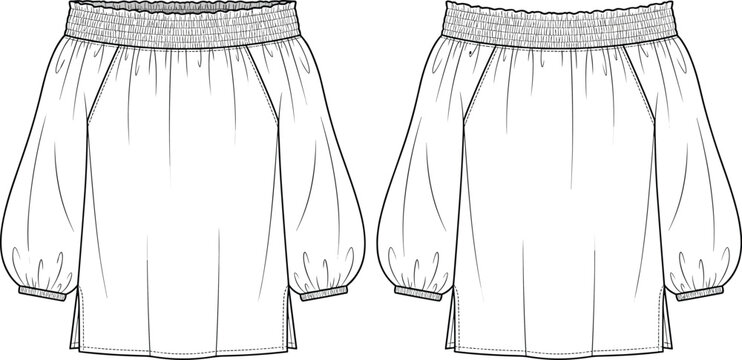 Technical fashion sketch of a women's off-shoulder peasant blouse with smocked neckline and puffed bishop sleeves