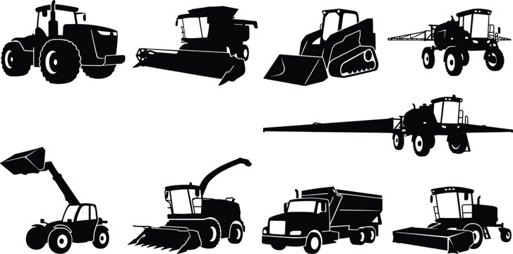 Agricultural machinery and heavy farm equipment silhouettes set isolated on white background