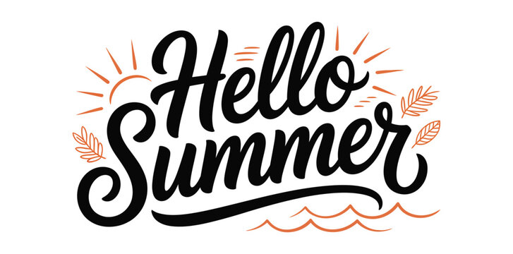 Stylized Hello Summer text with sun and water elements isolated on transparent background