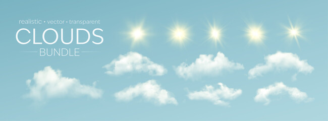 Plakat Realistic clouds bundle vector cover on a blue sky background. Soft white fluffy clouds and bright sun flares create a clean dreamy weather element collection