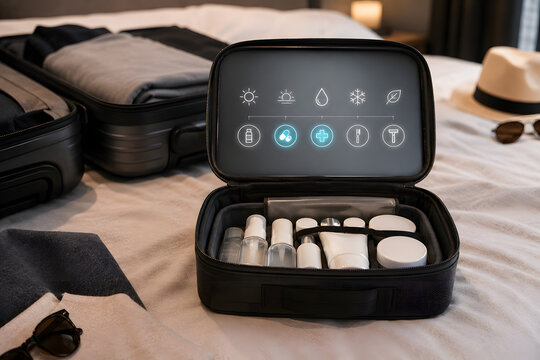 Organized travel toiletry kit open on hotel bed with packing essentials