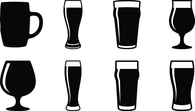 Beer Glasses and Mugs Silhouette Vector Set Isolated on White Background for Bar Graphic Design