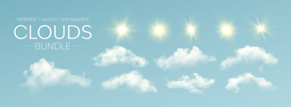 Realistic clouds bundle vector cover on a blue sky background. Soft white fluffy clouds and bright sun flares create a clean dreamy weather element collection