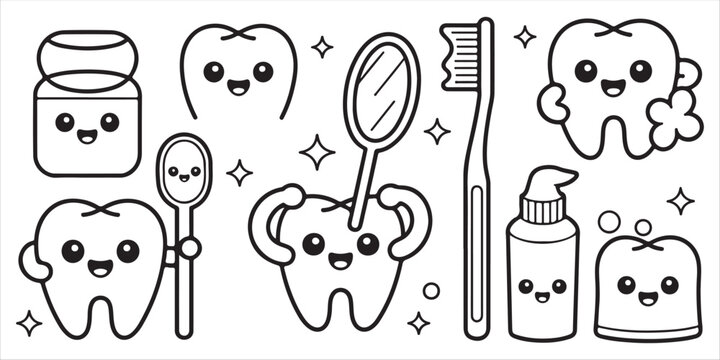 Cute dental care set for kids with kawaii tooth cartoon character using toothpaste toothbrush mirror and floss for oral hygiene health.