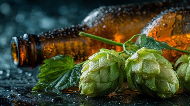 A macro composition of fresh hops and condensation resting beside beer bottles with cinematic texture and glossy reflections