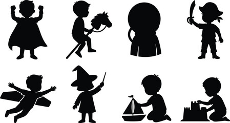 Children creative role play and fantasy imagination silhouette set featuring kids playing superhero pirate astronaut and wizard © MdTuhin