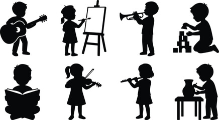 Children creative hobbies silhouette collection featuring kids playing music instruments painting reading and building blocks © MdTuhin