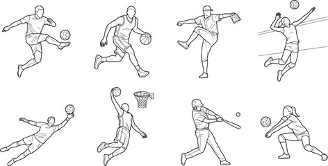 Sports Players Action Outline Vector Collection with Team Games and Athletic Line Art Set © Md Ohidul