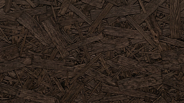 Dark brown oriented strand board surface texture featuring interlocking wood chips in a dense geometric pattern for industrial background design projects