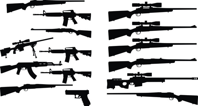 Black silhouettes of various firearms including sniper rifles, assault rifles, hunting shotguns, and handguns isolated on a white background.