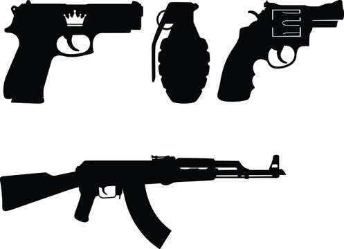 Black weapon silhouette vector set including assault rifle pistol revolver and hand grenade isolated on white background