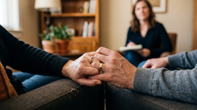 A Moment of Connection: Hands clasped tightly in a gesture of support and understanding, a couple finds solace and hope during a therapy session, with their counselor present in the background.