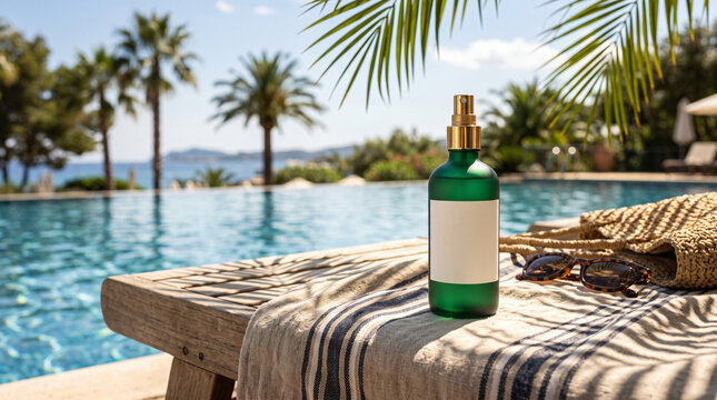 Blank emerald green glass spray bottle mockup on striped beach towel by luxury swimming pool