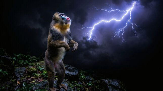 Monkey standing on rocky ground outdoors.