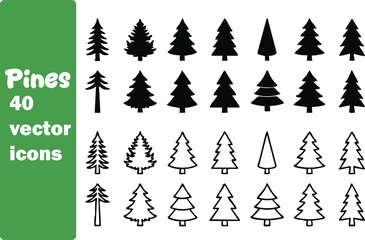 Obraz premium Pine tree vector icons set, 40 evergreen conifer silhouettes and outlines, minimalist spruce and fir forest symbols for winter holiday design