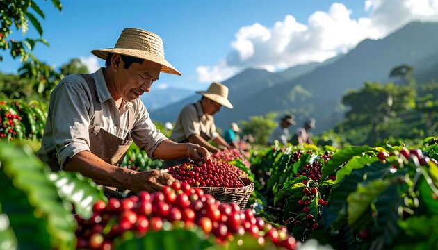 Farmers harvesting ripe coffee cherries on a lush plantation.