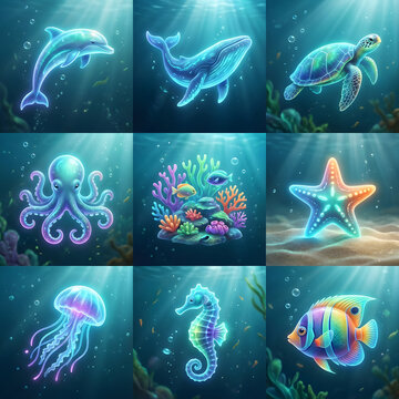 Collection of Glowing Neon Underwater Sea Creatures and Marine Life Illustrations in Deep Ocean Setting