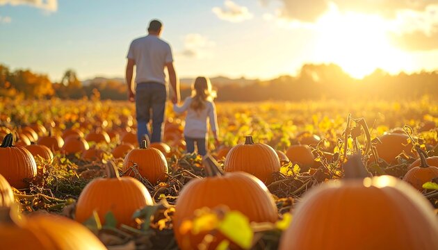 Father and Daughter Walking Through Pumpkin Patch at Sunset.