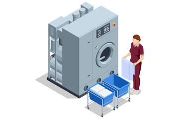 Plakat Isometric industrial dry cleaning machine with female worker, folded towel and laundry carts in a professional fabric care area. Commercial textile treatment, linen service and utility workflow