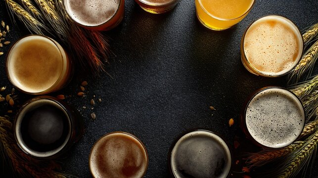 A top-down composition of assorted beer glasses arranged in a circular pattern with foamy tops and scattered barley around the edges