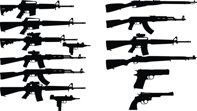 Collection of military and tactical weapon silhouettes including assault rifles handguns and submachine guns isolated on white background