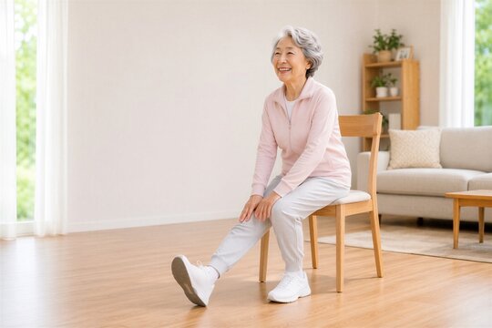 自宅で椅子に座って太もも裏をストレッチする高齢女性