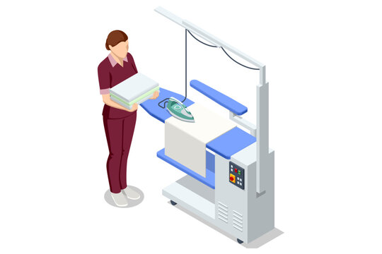 Isometric laundry worker with folded linen near industrial ironing press machine in a professional textile care workspace. Commercial laundry service, fabric finishing and housekeeping