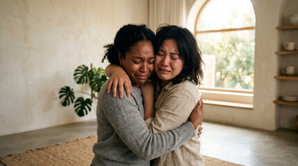 Obraz premium Comfort in Shared Grief: Two women embrace, their faces etched with sorrow and tears, finding solace and support in each other's arms during a moment of profound sadness.