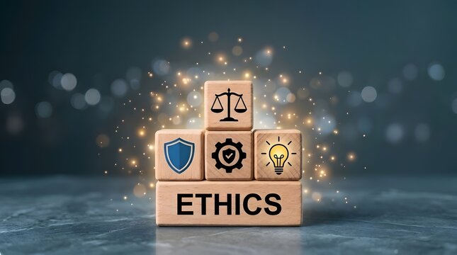 Business ethics and corporate compliance concept with wooden blocks showing ethics text, scales of justice, shield, and gear icons on dark glowing background