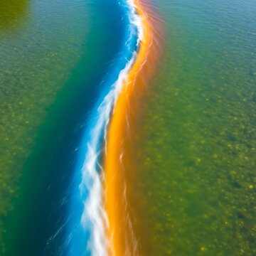 Aerial view, river delta, blue and orange waters, merging streams, natural phenomenon