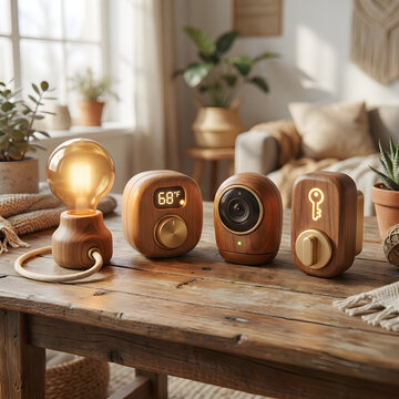 Modern wooden smart home tech devices including a lamp, thermostat, camera, and lock on a rustic table in a cozy home environment