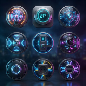 Set of Futuristic Smart Home Interface Icons Featuring Sleek Circular Gadgets and Advanced Digital Monitoring Technology Elements