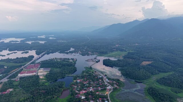 Aerial shot shows river meandering through verdant landscape at Tasik Raban