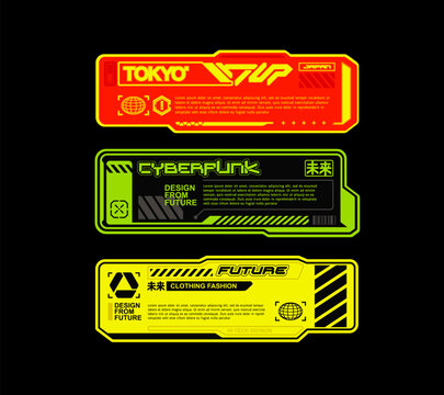 Sci-fi style Futuristic typography set of Cyberpunk abstract stickers, meaningless hierogliph logos and text signs. Typography banner with acid colors and cyberpunk frames in techno style 