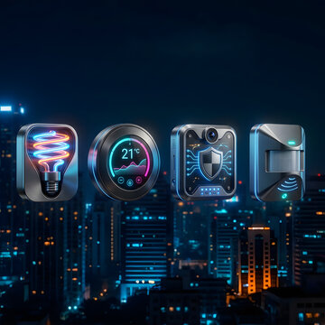 Advanced Smart Home Automation Technology Icons Floating Above a Modern City Skyline at Night