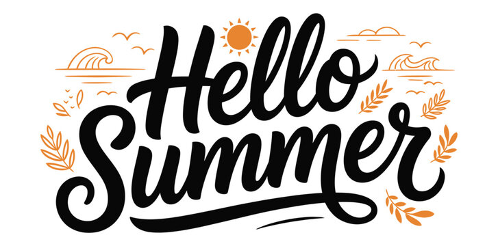 Creative Hand Drawn Hello Summer Typography with Beach and Sun Elements Isolated on White Background