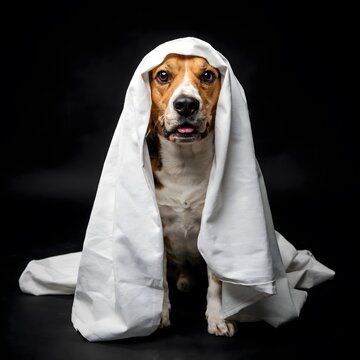 Adorable beagle dog in halloween costume spooky white sheet ghost for festive fall celebrations