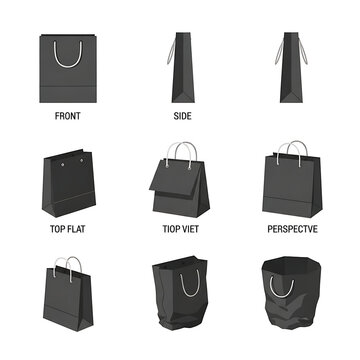 Black Paper Shopping Bag Mockup Template with Multi-Angle Views