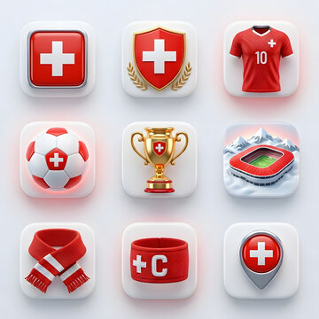 Set of 3D Swiss soccer icons featuring team jersey ball trophy and stadium symbols