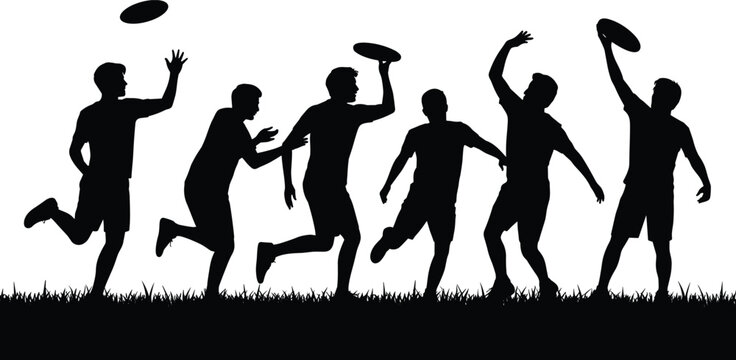 Ultimate Frisbee Players Silhouette Collection, Flying Disc Sport Action Vector Set with Throwing, Catching and Outdoor Team Game Illustration
