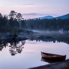 Obraz premium A serene wooden canoe rests on the tranquil mirror-like waters of a misty forest lake at dawn.