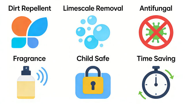 Six home cleaning safety icons are arranged horizontally, representing decontamination, descaling, antibacterial, fragrance retention, children's safety, time-saving, home cleaning and care
