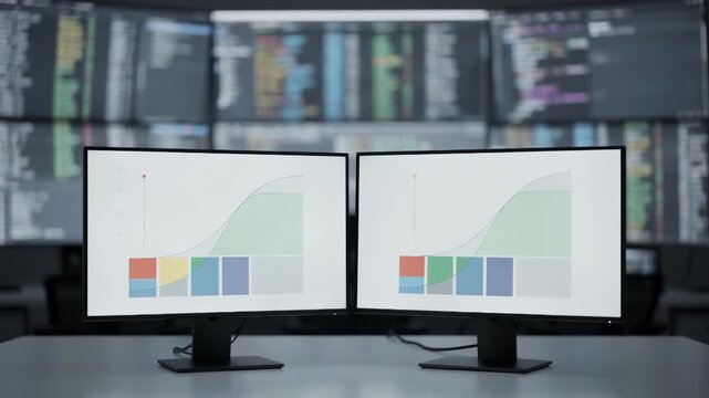 Focused medium shot of sidebyside inflation prediction scenarios on multiple displays with code editors faintly visible in the outoffocus background.