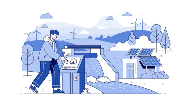 Renewable energy landscape with man operating control panel, solar and hydro power