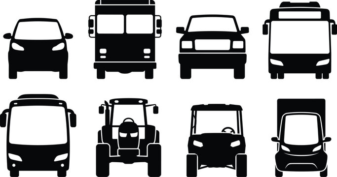 Set of vehicle front view silhouette icons including car, truck, bus, tractor, and golf cart