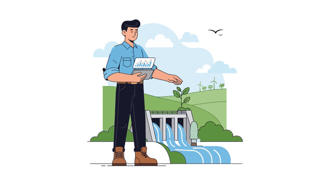Engineer checking hydropower dam data on tablet with wind turbines in background