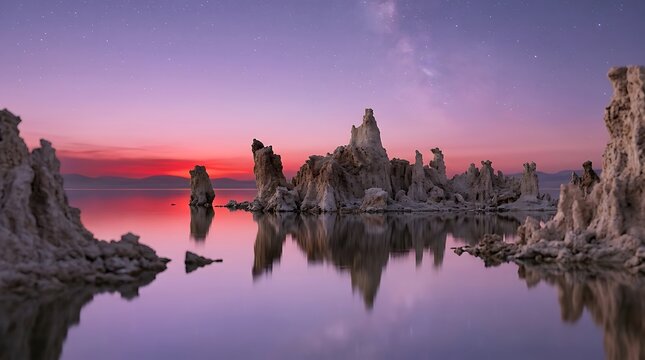 Tufa rock formations in a calm lake under a starry night