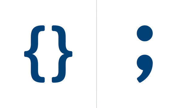 Minimalist blue coding symbols curly brackets and semicolon icons