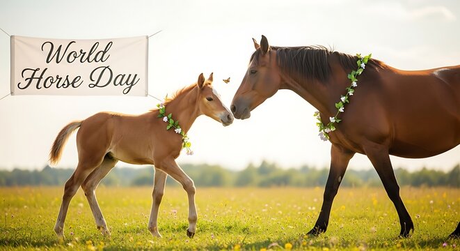 A mare and her foal celebrating World Horse Day in a sunny meadow.